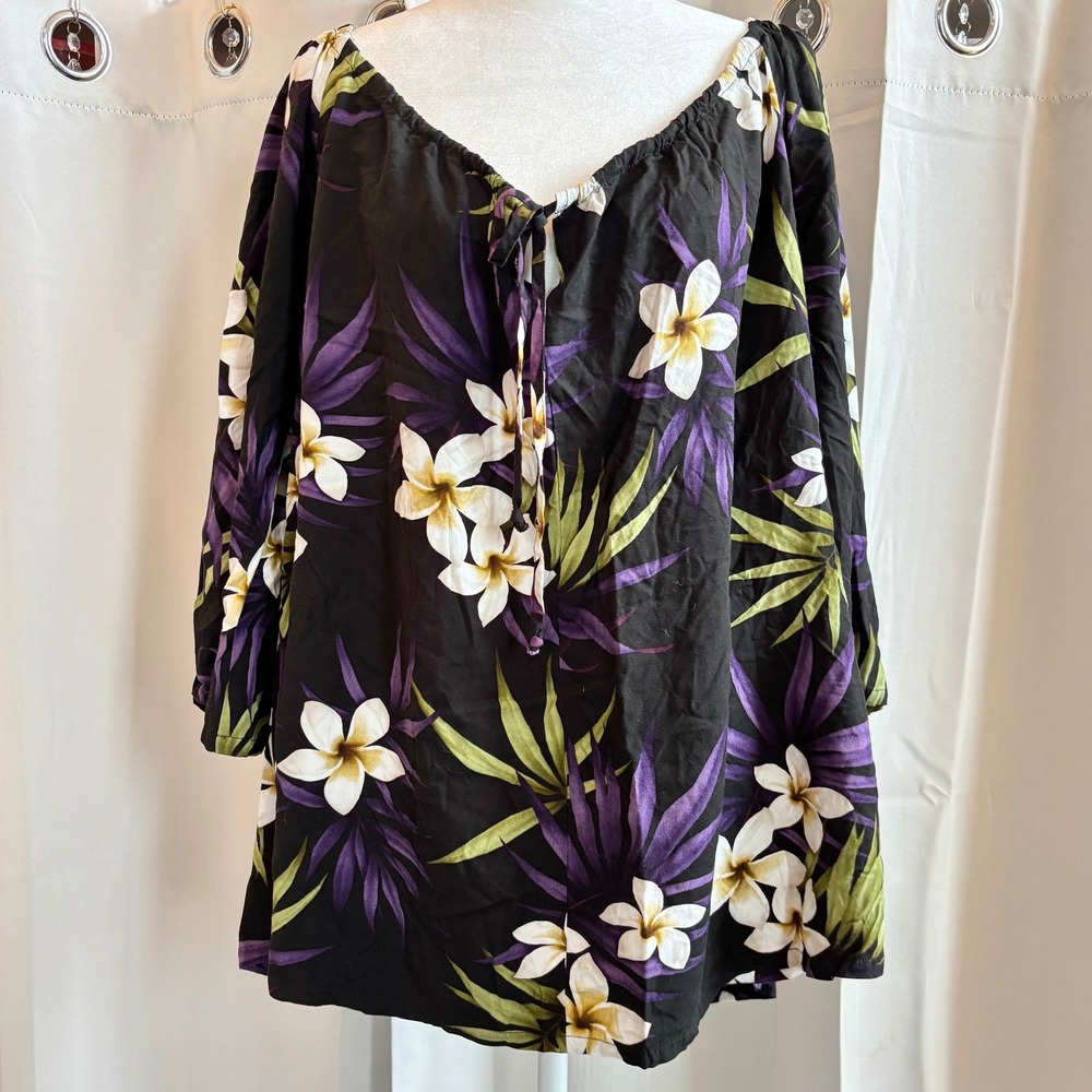 Paradise‎ Bay Womens Top 2XL Floral Plumeria Rayon Hawaiian Tropical Boho 20036